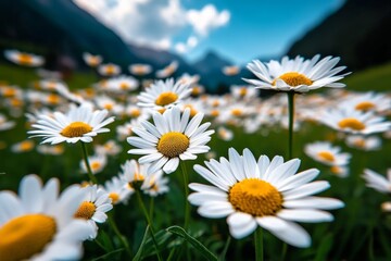 Wall Mural - Sunny field of daisies stretching across a valley, with the white petals contrasting against the green grass and the blue sky above