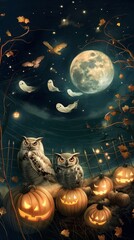 Wall Mural - a moonlit pumpkin patch with tiny glowing ghosts floating around, surrounded by friendly owls sittin
