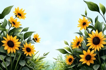 Wall Mural - Watercolor illustration of a sunflower field, where the soft yellows and greens blend together to create a bright, joyful scene of sunflowers stretching toward the sky