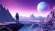 © darion - A lone astronaut gazes at a distant planet in a vibrant, otherworldly landscape.