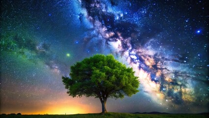 Wall Mural - night sky with milky way stars and green tree in foreground