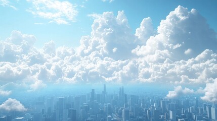 A city skyline is visible through a cloudy sky