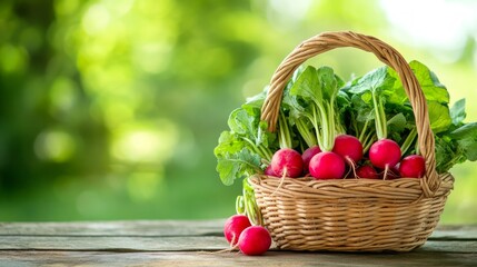 A wicker basket filled with fresh red radishes on a wooden surface with a blurred green background.