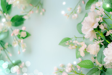 Poster - A serene arrangement of white blossoms paired with lush green leaves creates a peaceful ambiance, perfect for showcasing beauty and elegance in a clean, commercial style