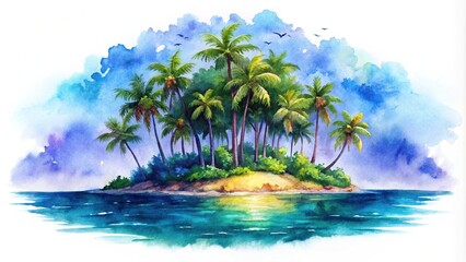 Night tropical island watercolor on white background forced perspective