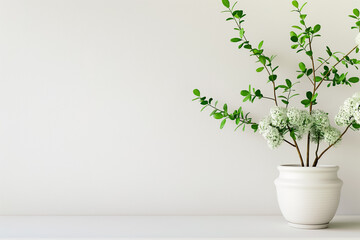 Poster - A peaceful arrangement of vibrant green leaves and delicate white blooms is presented elegantly in a simple white ceramic pot, enhancing the tranquil atmosphere