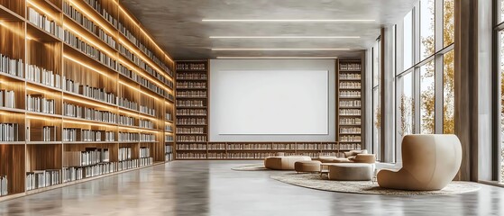 Modern public library featuring blank white wall sections for digital displays, cozy reading corners, geometric bookshelves, and LED lighting, 3D rendering