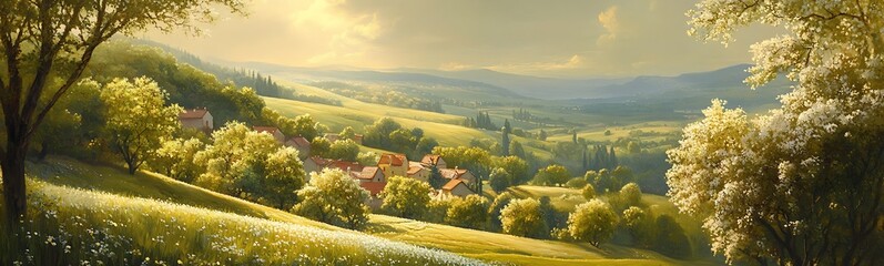 Aufkleber - A serene landscape featuring rolling hills, lush greenery, and a warm golden light, creating a tranquil and picturesque rural scene.
