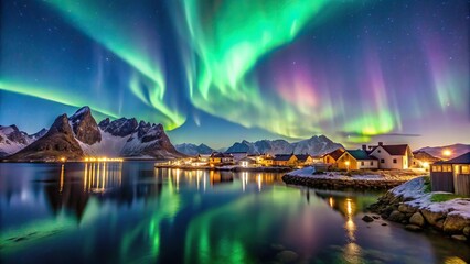 nighttime view of the aurora borealis over henningsvaer
