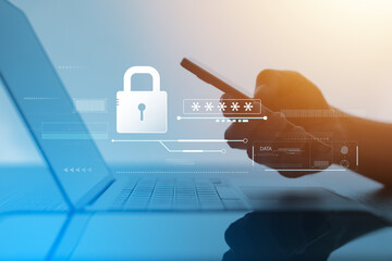 Wall Mural - cyber ​​network security and data protection on the internet, businessman using security encryption 