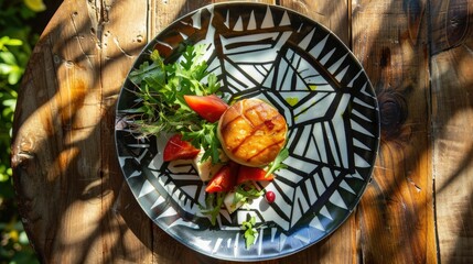 A delicious dinner dish served on a geometric patterned plate