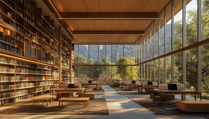 Hightech public library design, open layout with clean blank walls for customized art, modern workstations, and natural materials throughout, 3D rendering