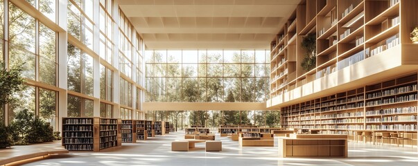 Hightech public library design, open layout with clean blank walls for customized art, modern workstations, and natural materials throughout, 3D rendering