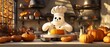 © Nathamanee - A cartoon chef is making a cake in a kitchen with a lot of pumpkins