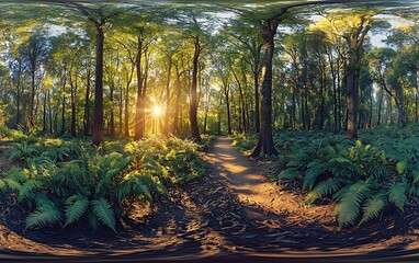 Poster - A serene forest path illuminated by sunlight filtering through trees, surrounded by lush ferns and vibrant green foliage.