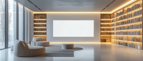 Modern public library featuring blank white wall sections for digital displays, cozy reading corners, geometric bookshelves, and LED lighting, 3D rendering