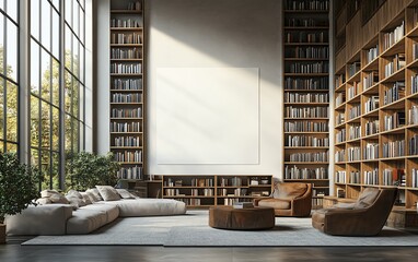 Modern public library interior with minimalist design, blank white wall template for art display, wooden bookshelves, and sleek furniture, 3D rendering