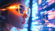 © Peachaya - A woman wears digital glasses and gazes at a holographic display. Futuristic technology and innovation. Generative AI.