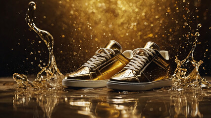 Creative product mockup of a stylish gold sneaker. Mockup of a trendy sneaker design, representing creativity in fashion and footwear. Sneaker falls into the water with a splash of drops