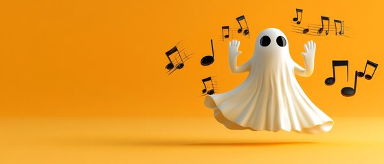 A ghost is flying in the air with a bunch of musical notes around it