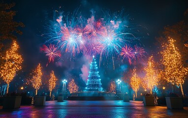 Vivid fireworks light up the night with sparkling colors, adding festive joy to a beautiful holiday celebration scene