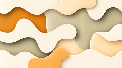 Canvas Print - Abstract layered geometric pattern with wavy shapes in shades of orange, beige, and green, creating a three-dimensional effect.