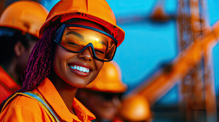 Smiling female construction worker in orange safety gear on a job site.