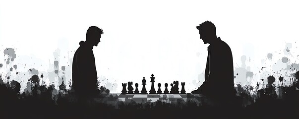 Intense chess competition silhouette, depicting a strategic game between two men with king and pawn figures, highlighting the battle of wits