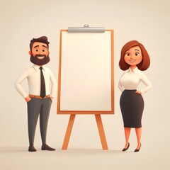 A man and woman stand beside a blank presentation board, ready to present.