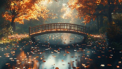 Aufkleber - A serene autumn scene featuring a wooden bridge over a reflective waterway, surrounded by colorful foliage and a peaceful, misty atmosphere.