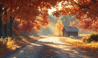 Aufkleber - A tranquil autumn scene featuring a winding path lined with vibrant orange and yellow foliage, leading to a rustic cabin.