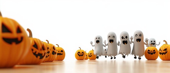 A group of four ghosts are running through a field of pumpkins