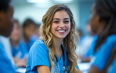 Group of diverse medical student nurses in training at college, showcasing teamwork and collaboration in a healthcare education setting