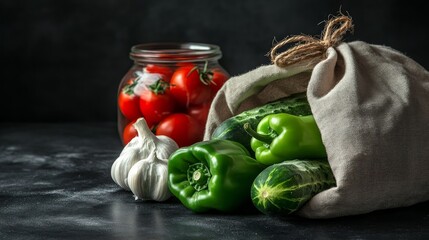 Wall Mural - Fresh vegetables, including cucumbers, bell peppers, garlic, and tomatoes, in a burlap sack on a dark background.