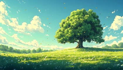 Poster - A serene landscape featuring a large, vibrant tree in a lush green meadow under a clear blue sky with soft clouds.