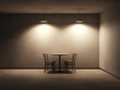 © Chari - A minimalistic dining setup with two chairs and a round table under warm lighting in a quiet room