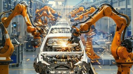 Array of automated welding robots in a car factory