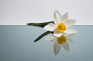 Wall Mural - Single narcissus flower on mirrored surface reflecting yellow center