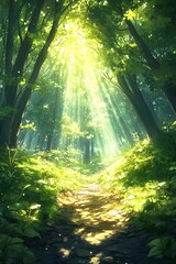 Aufkleber - A serene forest pathway illuminated by sunlight filtering through lush green trees, creating a magical atmosphere.