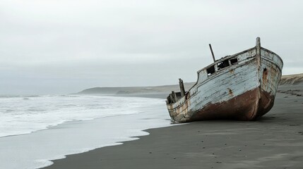 Naklejka na meble A weathered ship rests on a deserted beach, with gentle ocean waves lapping at its hull and a distant headland, evoking