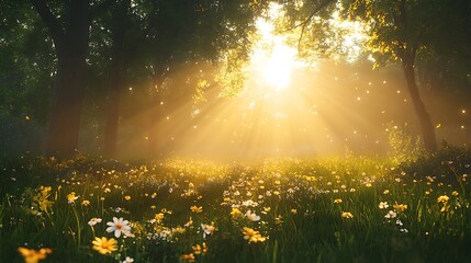 Poster - A serene woodland scene bathed in sunlight, with lush greenery and blooming flowers, evoking tranquility and natural beauty.