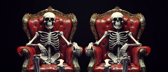 Two skeletons sitting in red chairs