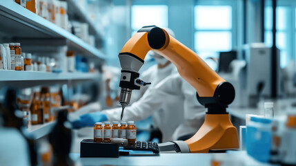 Poster - Robotic arm in laboratory setting handling medication bottles on a shelf with blurred background showing a lab technician in protective clothing.