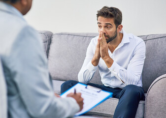 Poster - Man, depression and doctor for therapy in office, psychologist consultation and paper for notes. Patient, therapist and counseling service on sofa for depression, specialist and helping with trauma