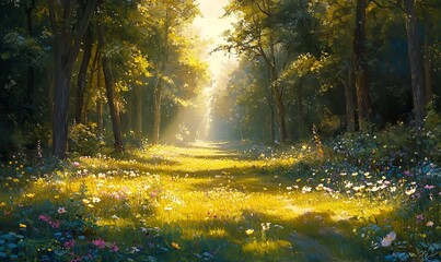 Aufkleber - A serene forest scene with sunlight streaming through trees, illuminating a path adorned with flowers, creating a tranquil and enchanting atmosphere.