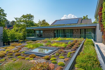 A modern house with a living roof and a skylight, suitable for eco-friendly or architectural illustration projects