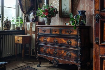 Wall Mural - A dresser in a cozy room with a window, perfect for interior design or furniture photography