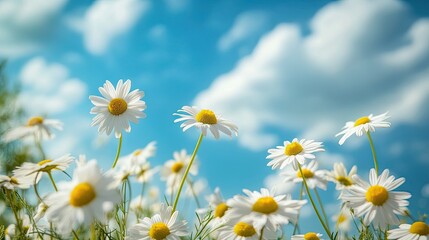 Wall Mural - Chamomile flowers sway gently under a blue sky filled with soft clouds, with sunlight casting a serene glow over this idyllic summer setting