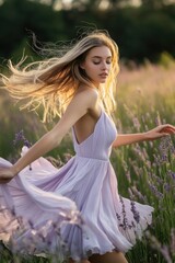 Poster - A woman strolling through a beautiful field of purple lavender, surrounded by nature