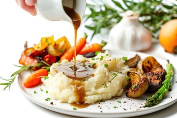 A dish featuring mashed potatoes and mixed vegetables served on a clean white plate